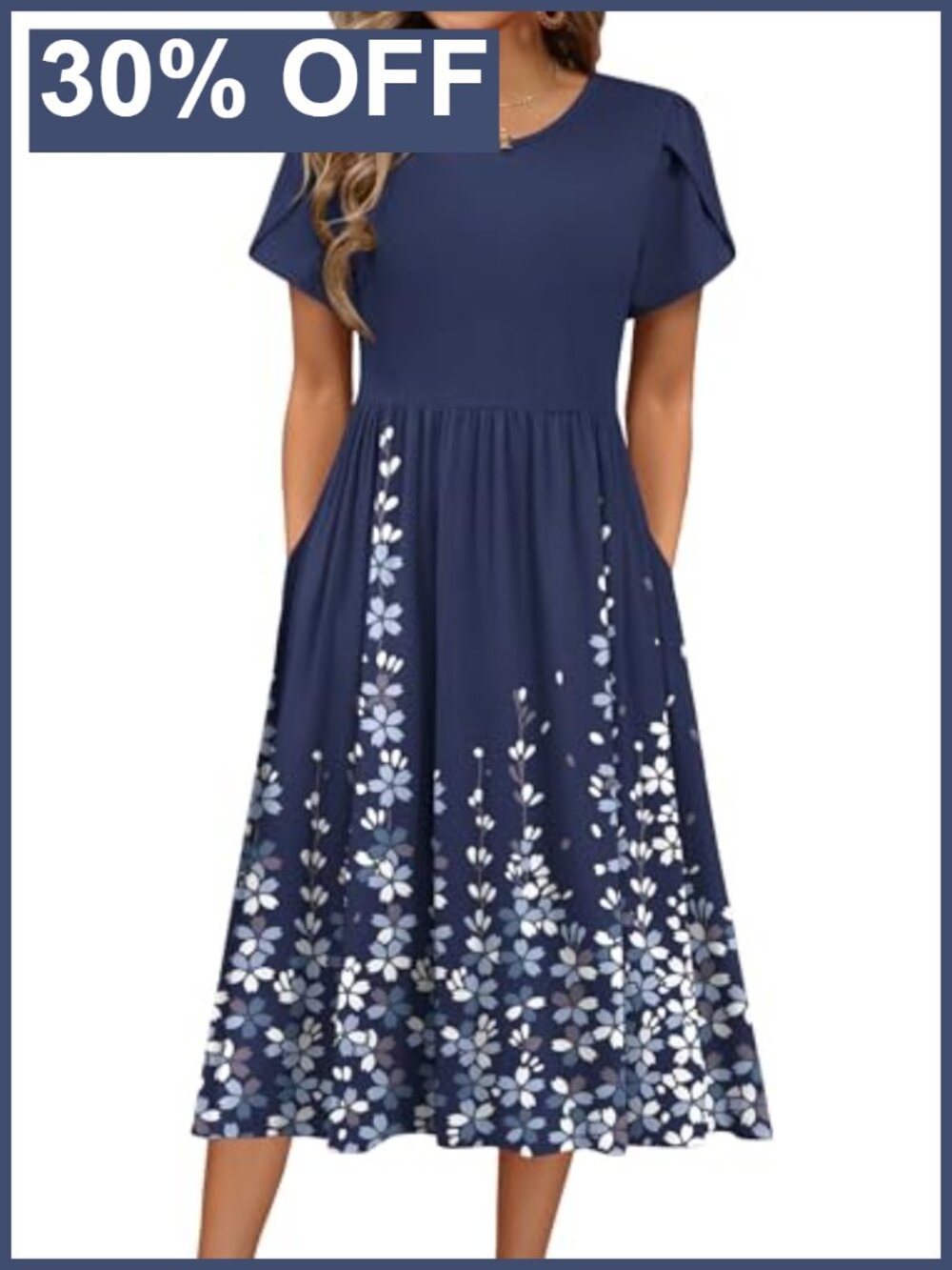 Women's Floral A-Line Midi Dress with Pockets, Short Sleeve Casual Sundress